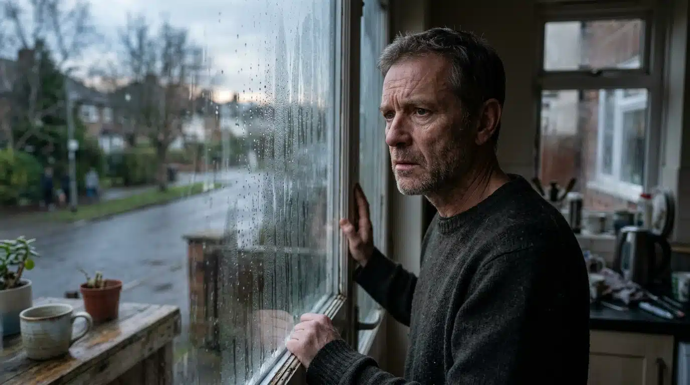 Homme regardant par une fenêtre embuée d'inquiétude