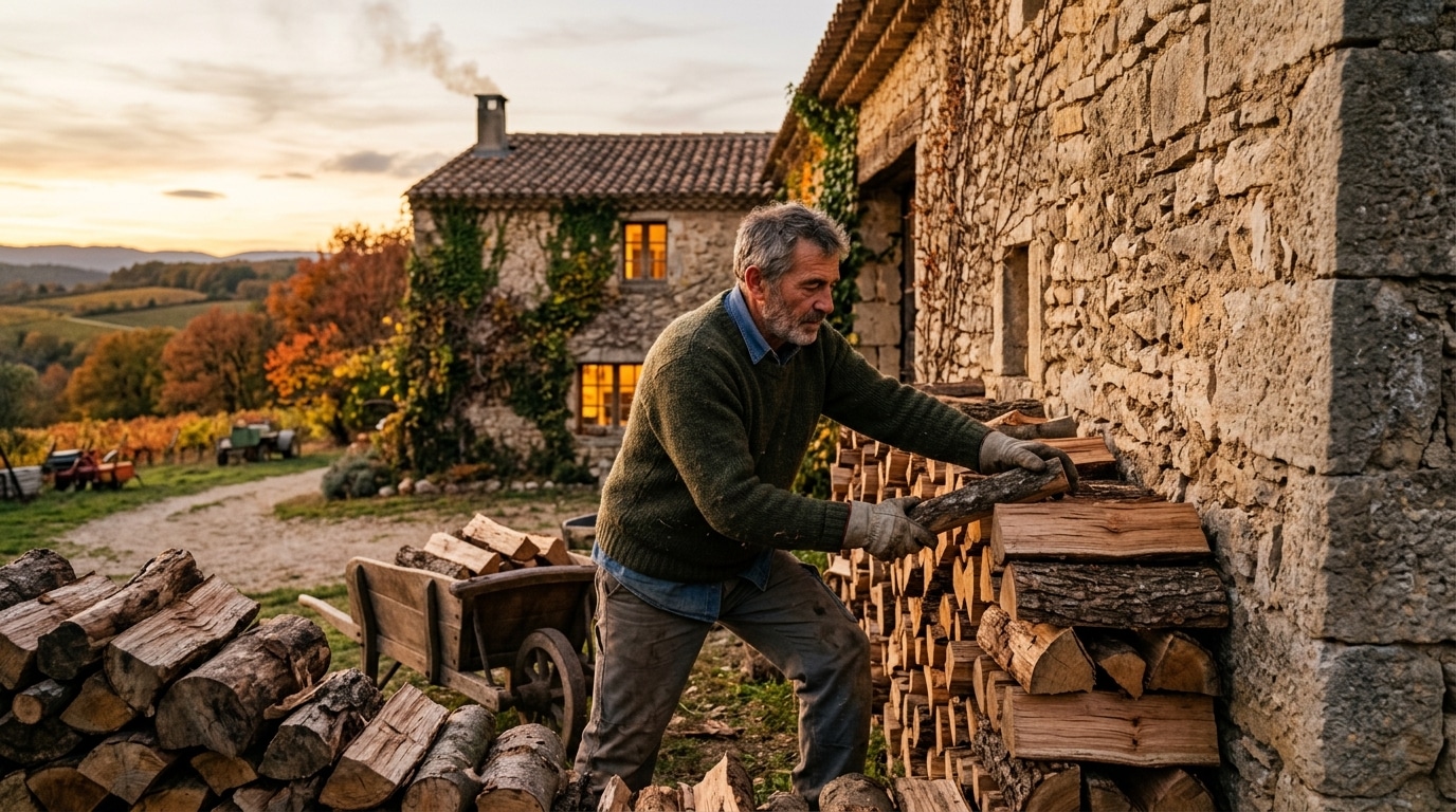 Homme empilant des bûches de bois devant une ferme
