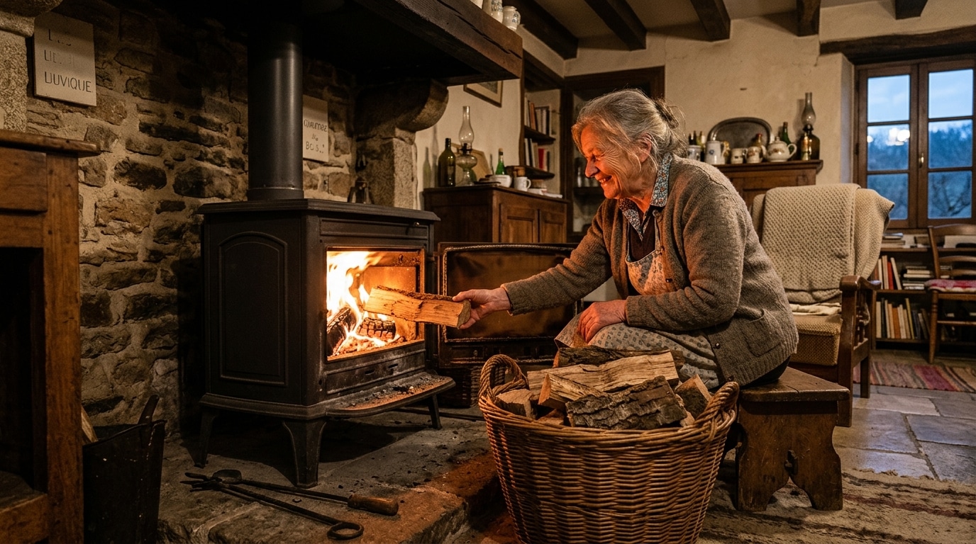 Femme alimentant un poêle à bois traditionnel
