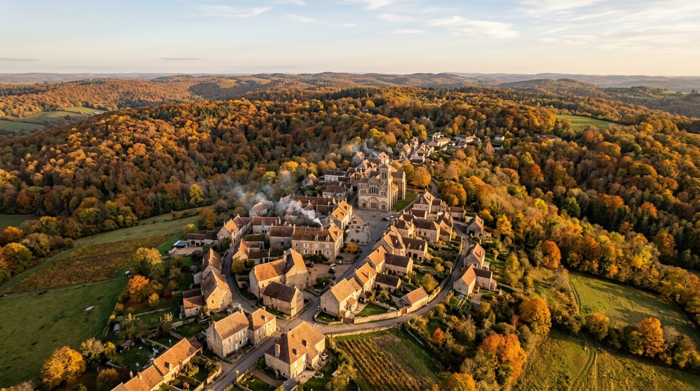 Village de la Nièvre entouré de forêts en automne