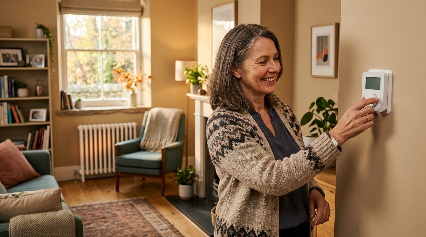 Femme réglant le thermostat dans son salon