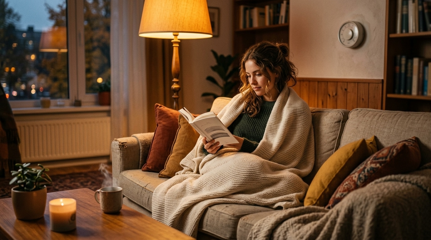 Personne au chaud sous un plaid dans son salon