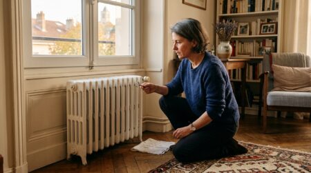 Femme vérifiant la purge d'un radiateur avant l'hiver