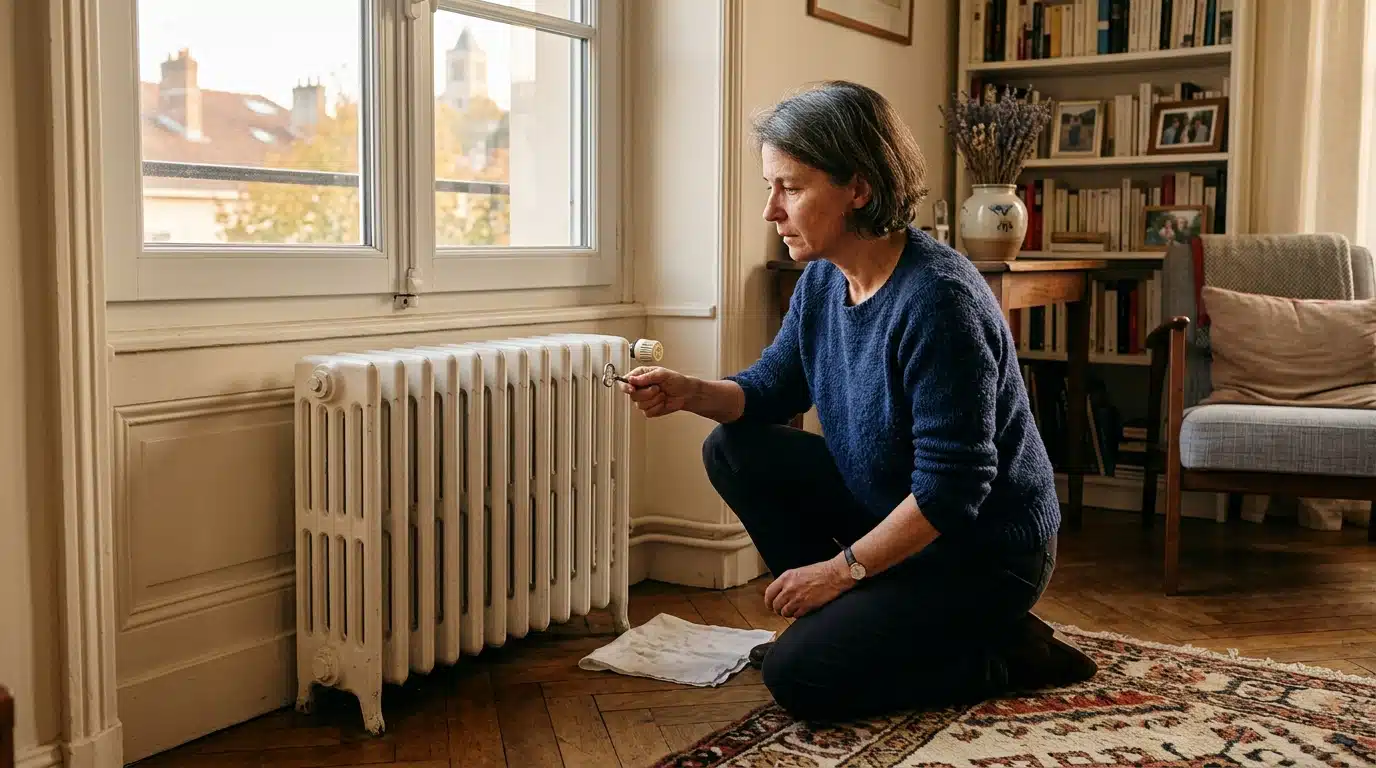 Femme vérifiant la purge d'un radiateur avant l'hiver