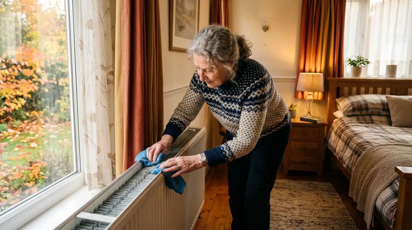 Femme dépoussiérant les ailettes d'un radiateur
