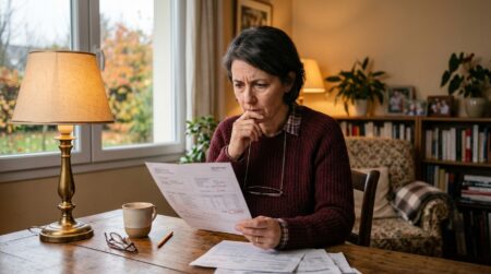 Femme inquiète devant sa facture de chauffage à la maison