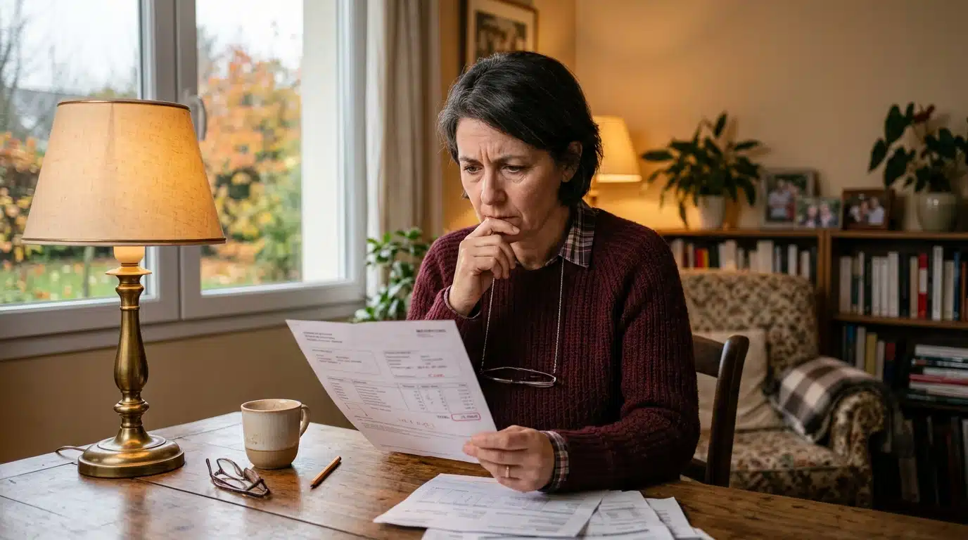 Femme inquiète devant sa facture de chauffage à la maison
