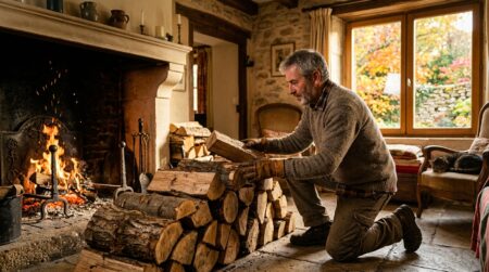 Homme vérifiant une pile de bois de chauffage sec