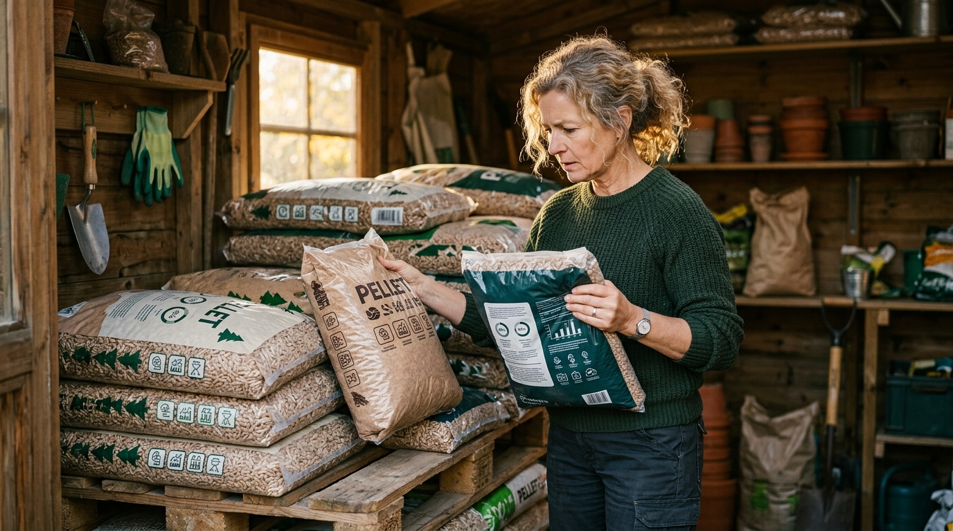 Femme comparant des sacs de granulés labellisés