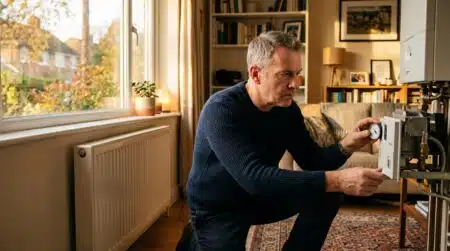 Homme vérifiant la pression de sa chaudière avant l'hiver