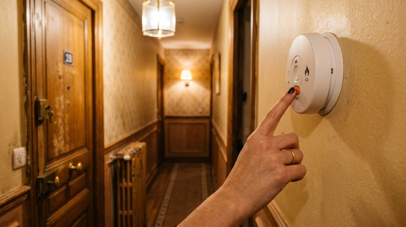 Main testant un détecteur de monoxyde de carbone au mur