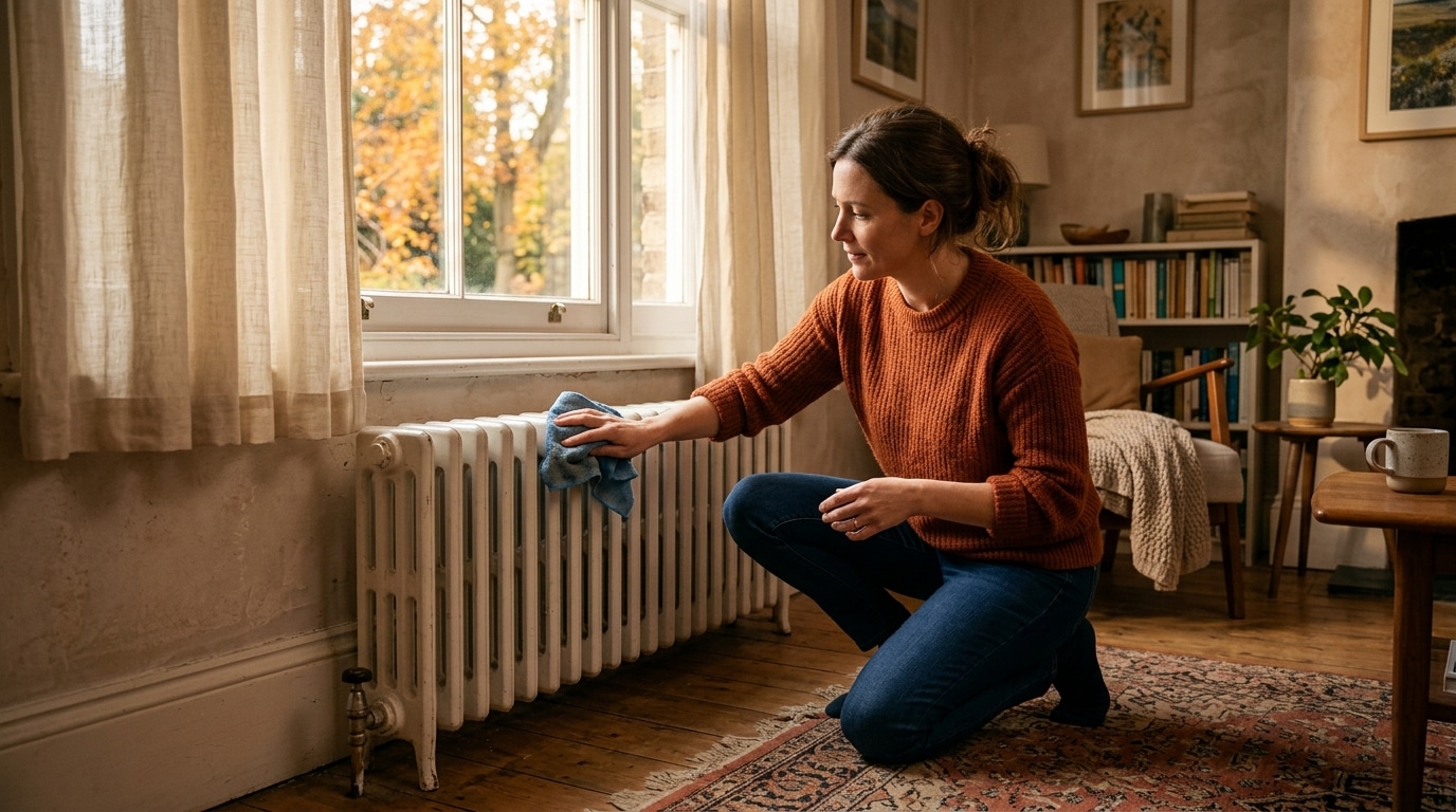 Femme dépoussiérant un radiateur avant la remise en route