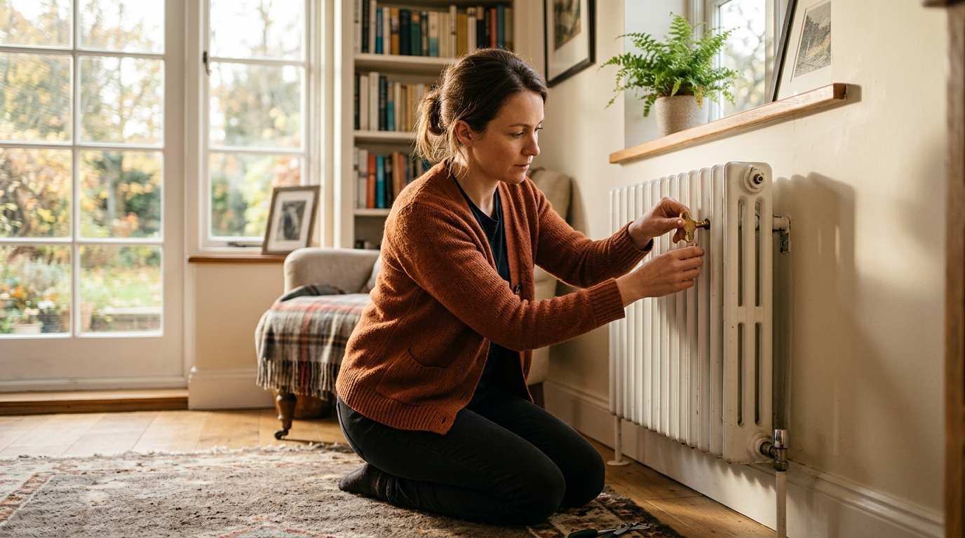 Femme purgeant un radiateur avec une clé de purge