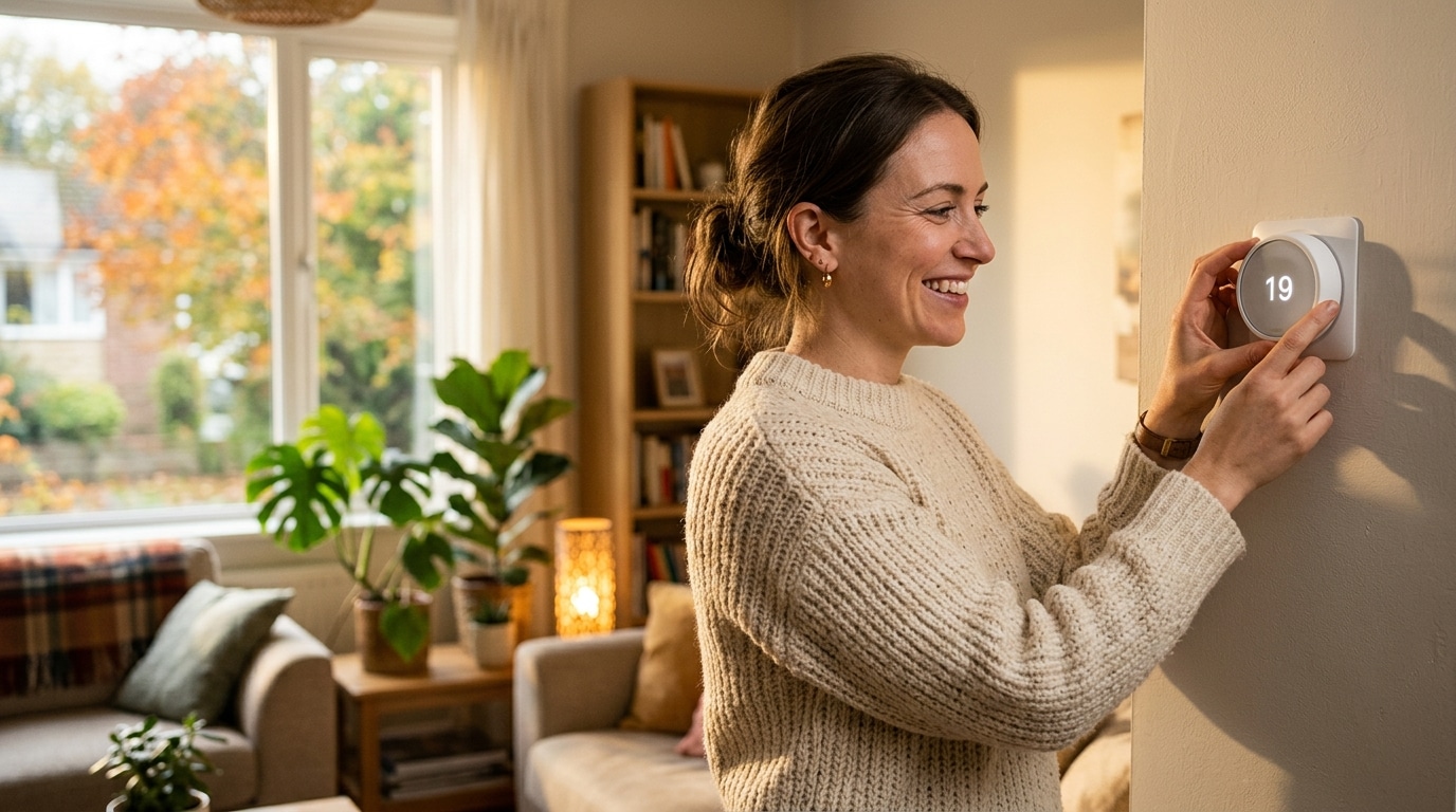 Femme réglant le thermostat à 19 °C dans son salon