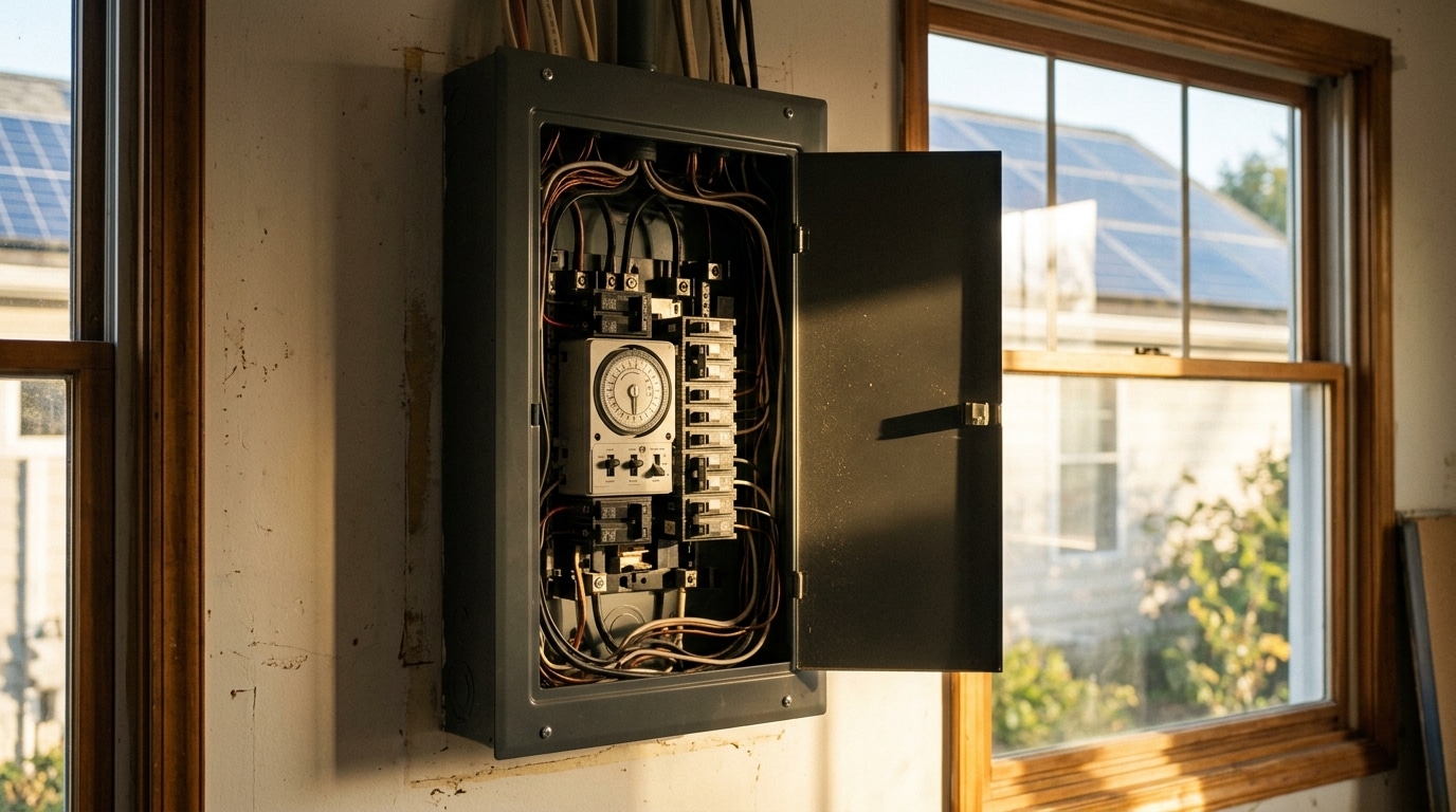 Tableau électrique avec horloge modulaire près d'une fenêtre