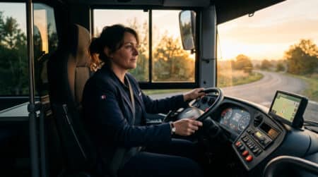 Chauffeuse de bus au volant d'un car au petit matin