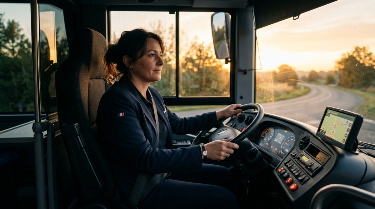 Chauffeuse de bus au volant d'un car au petit matin