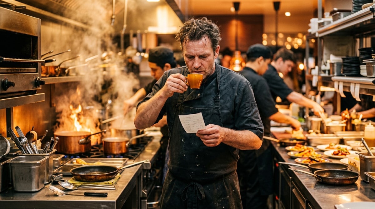 Chef cuisinier buvant un café pendant le service