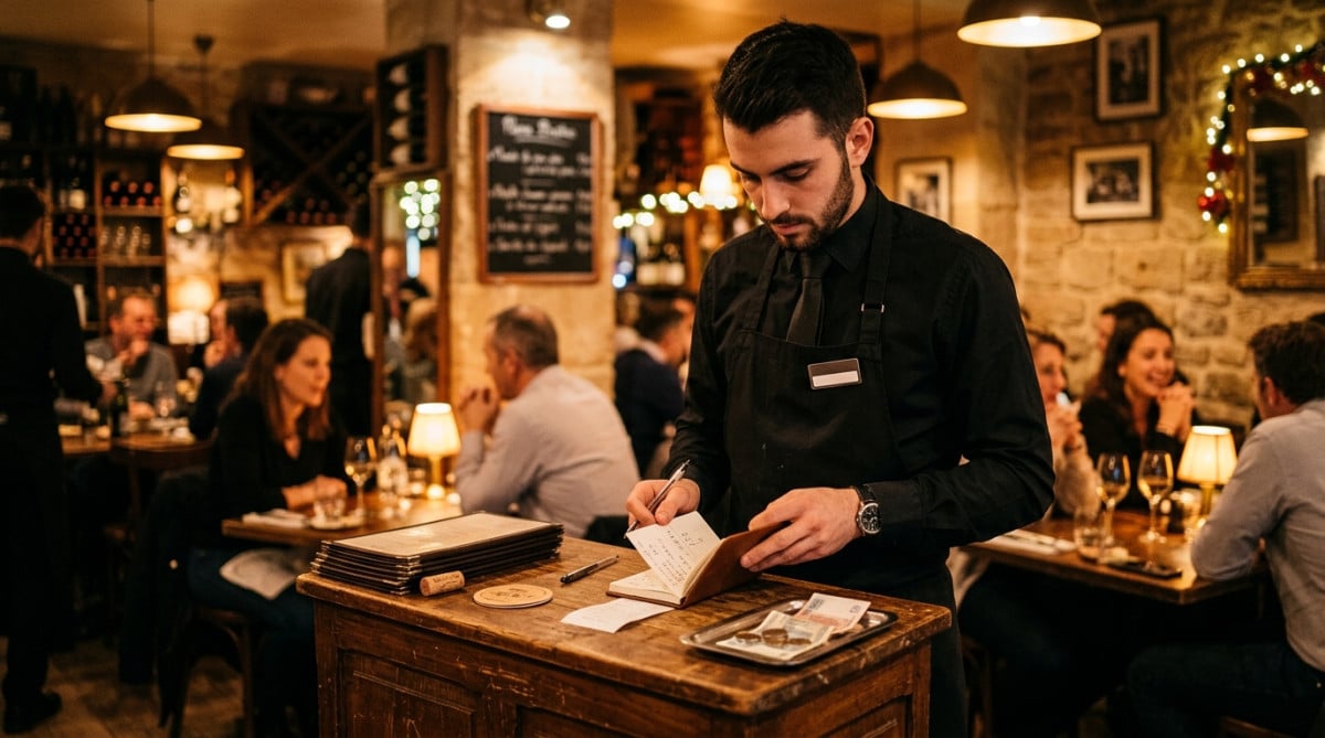Chef de rang vérifiant ses pourboires dans un restaurant lyonnais