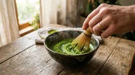 Bol de matcha vert fouetté avec un chasen en bambou