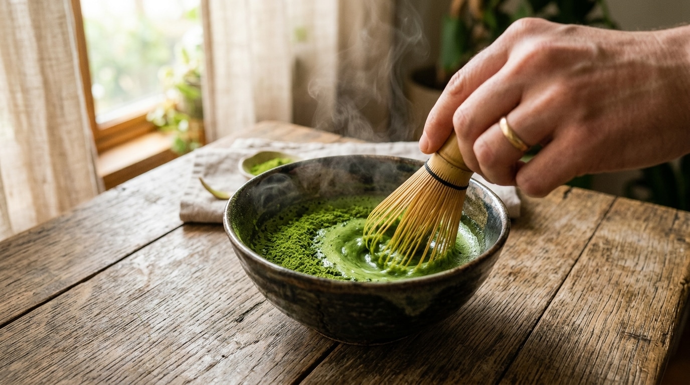 Bol de matcha vert fouetté avec un chasen en bambou