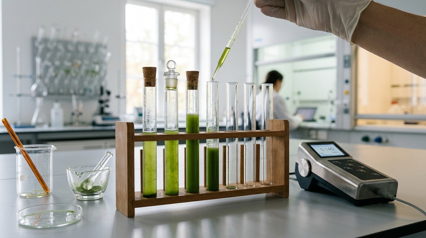 Tubes à essai contenant des échantillons de matcha en analyse