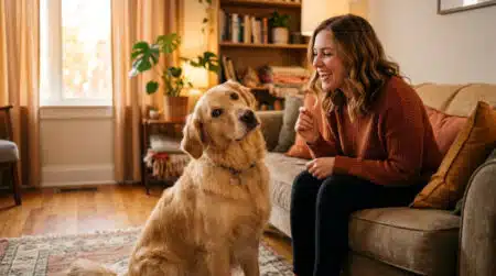 Chien penche la tête en écoutant son maître parler