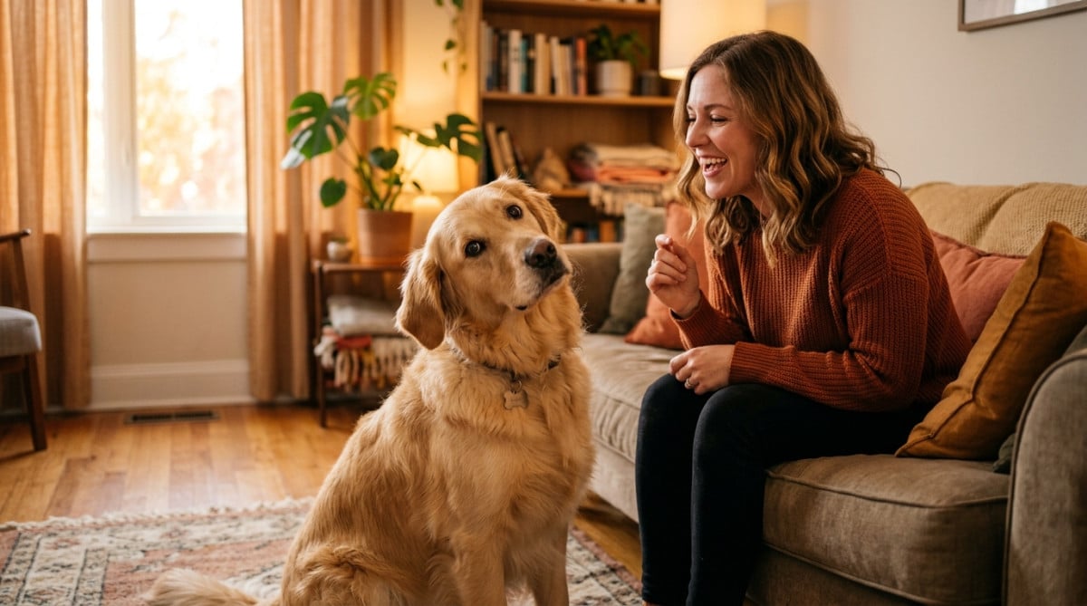 Chien penche la tête en écoutant son maître parler