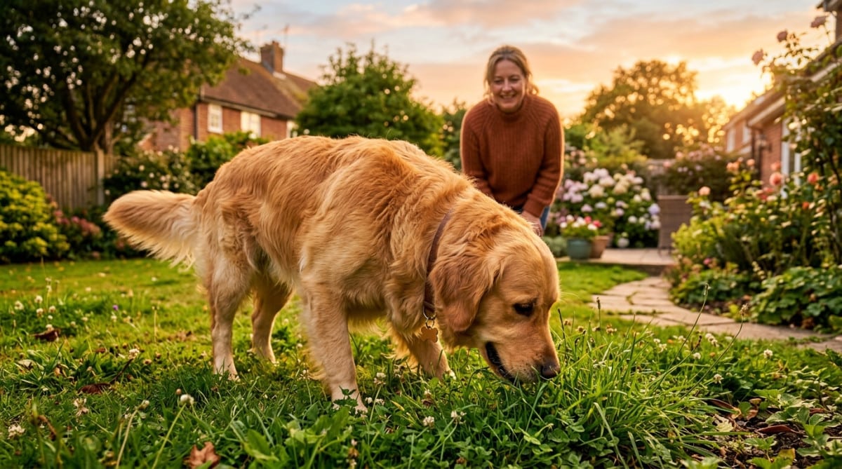 Chien reniflant l'herbe avant de faire ses besoins