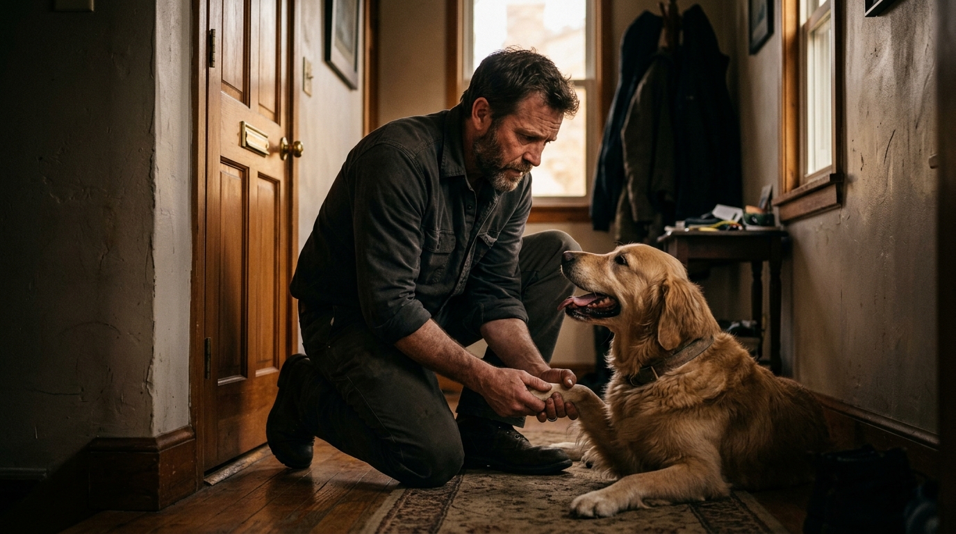 Homme examinant son chien haletant au retour du travail