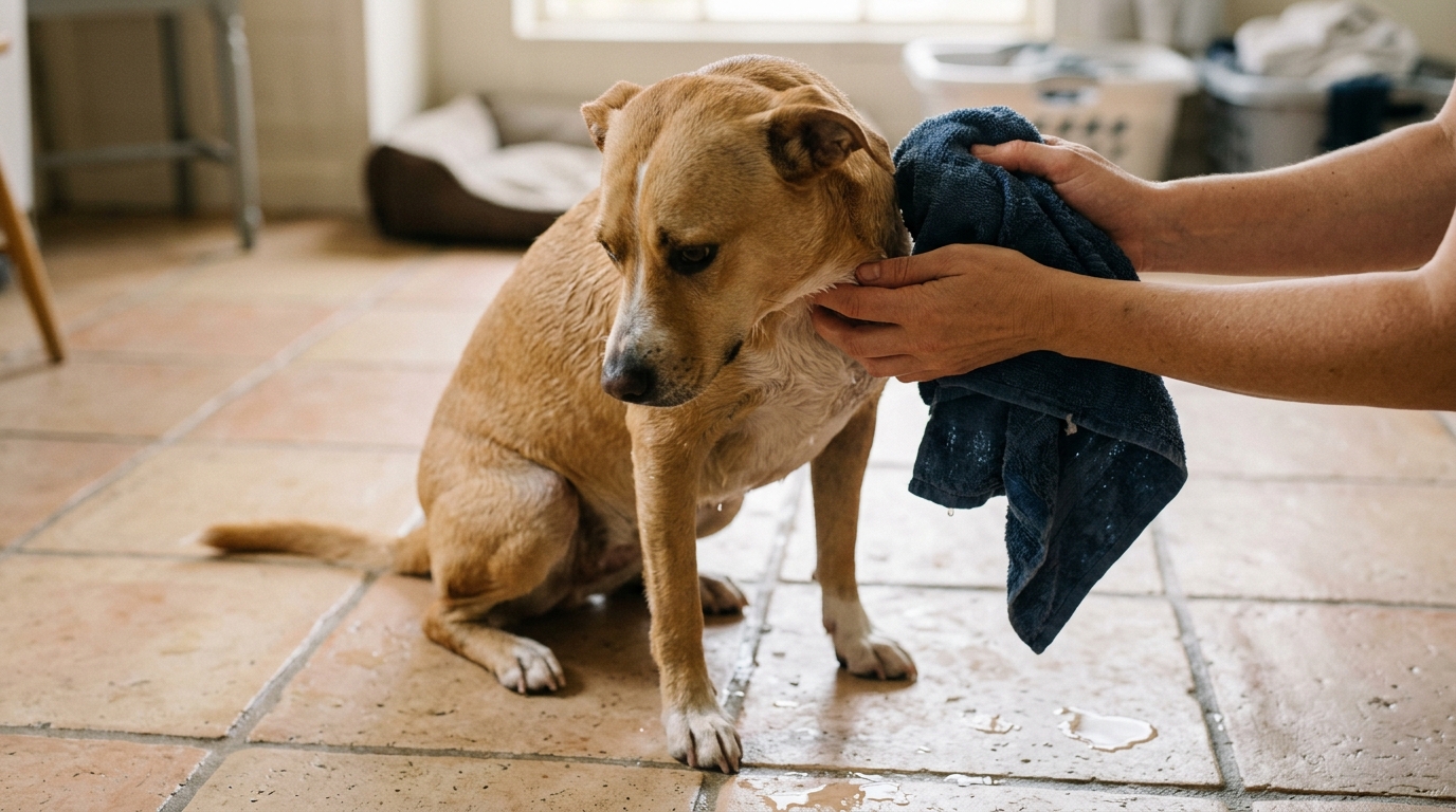 Mains rafraîchissant un chien avec une serviette humide