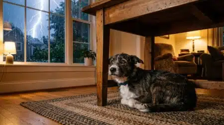 Chien tremblant caché sous une table pendant l'orage