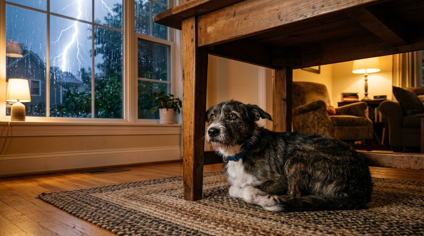 Chien tremblant caché sous une table pendant l'orage