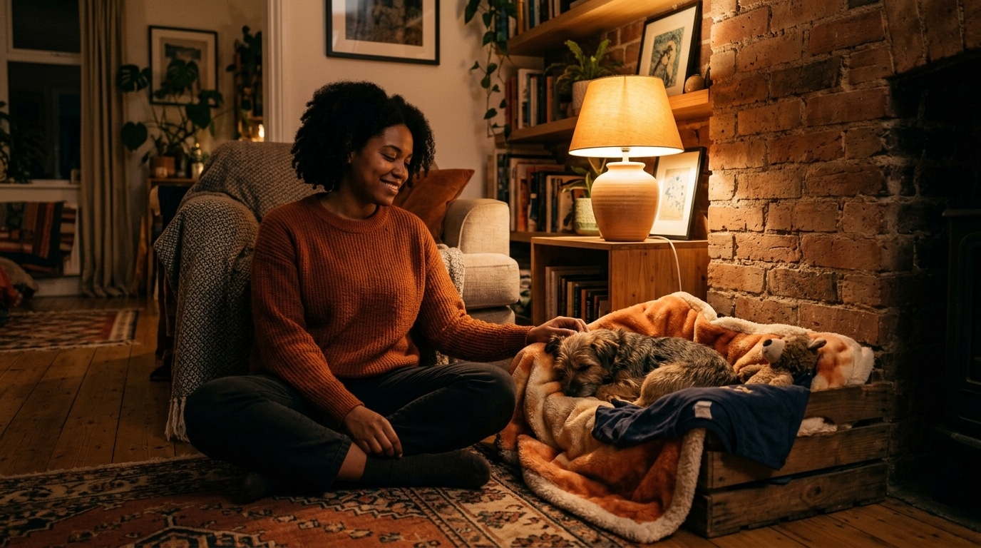 Maître installant son chien dans un coin refuge apaisant