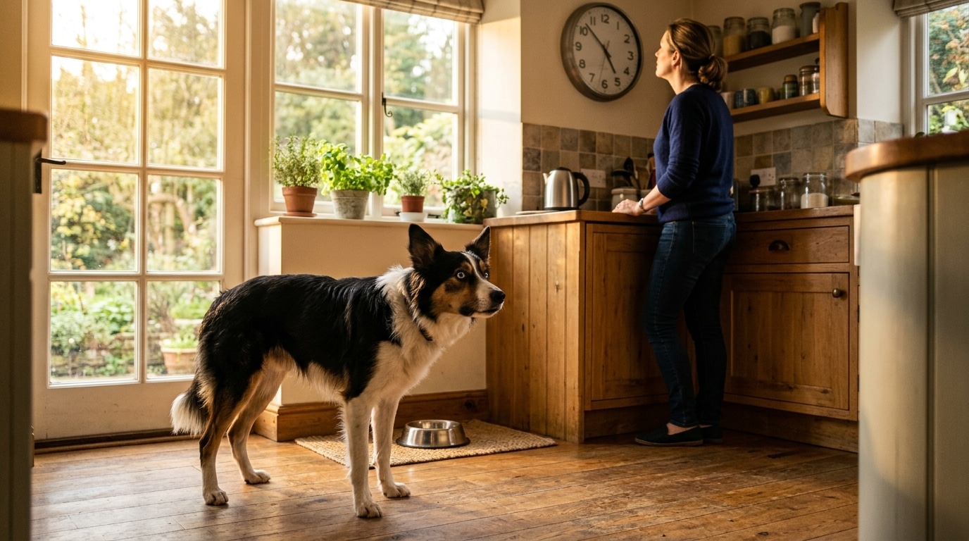 Border Collie anxieux attendant son repas près de l'horloge