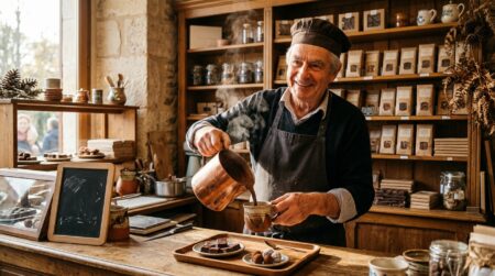 Artisan chocolatier préparant un chocolat chaud traditionnel