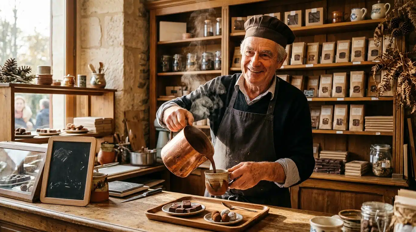 Artisan chocolatier préparant un chocolat chaud traditionnel