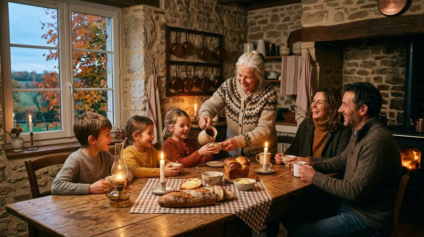 Famille partageant un goûter au chocolat en automne
