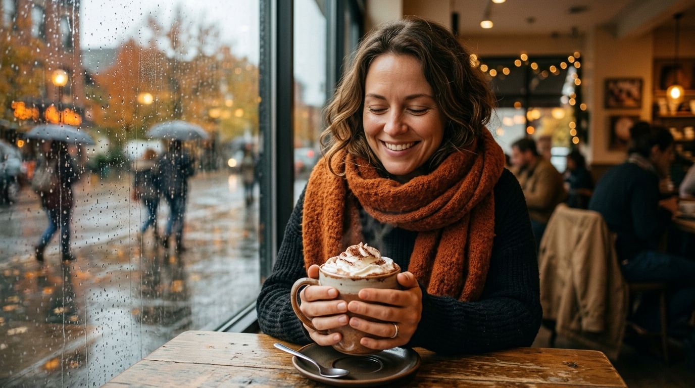 Femme dégustant un chocolat chaud près d'une fenêtre