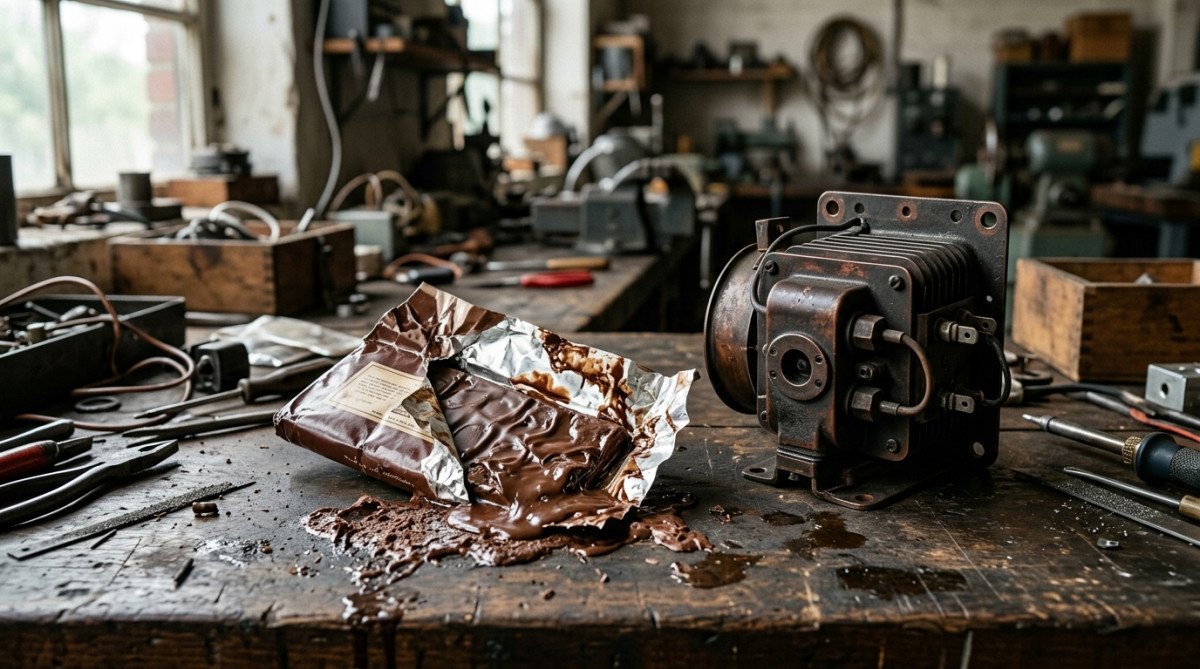 Chocolat fondu près d'un magnétron radar vintage