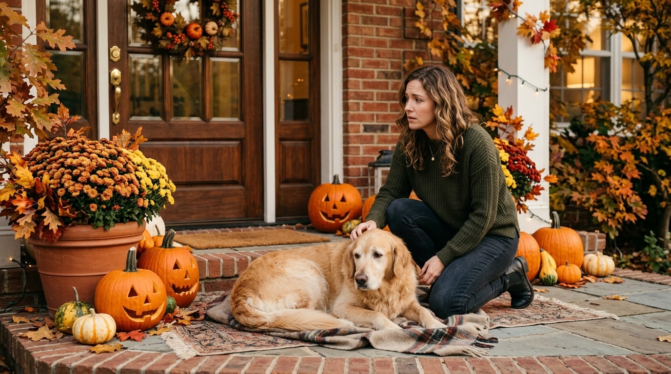 Femme et chien près de décorations d'Halloween et chrysanthème