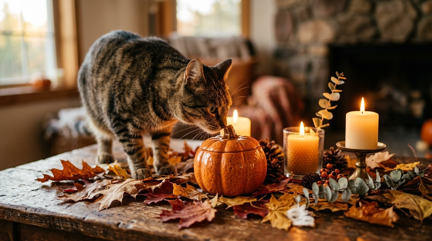 Chat curieux reniflant une citrouille décorative sur une table