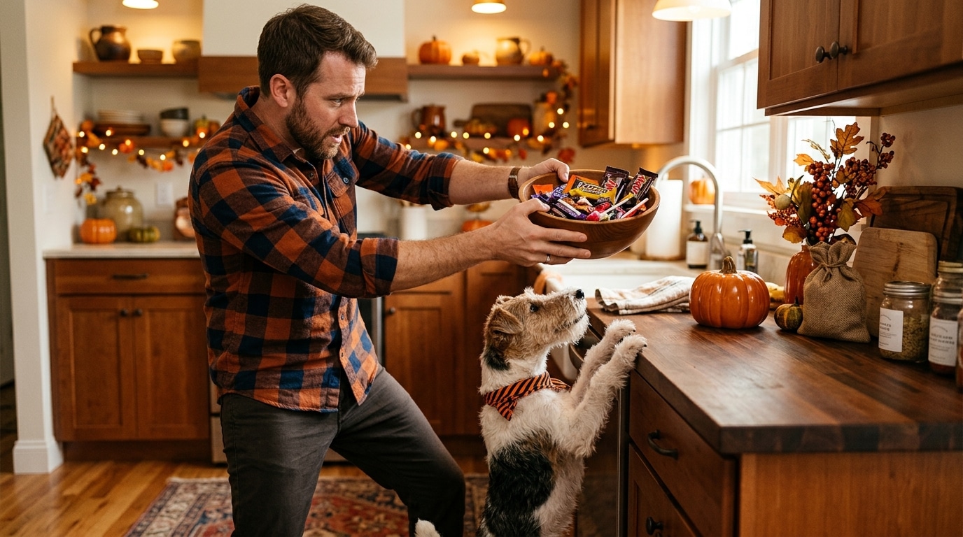 Homme éloignant un bol de bonbons d'Halloween d'un chien