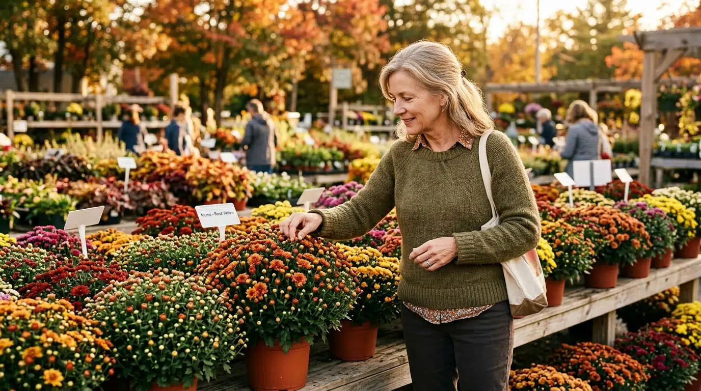 Femme choisissant un pot de chrysanthèmes en jardinerie