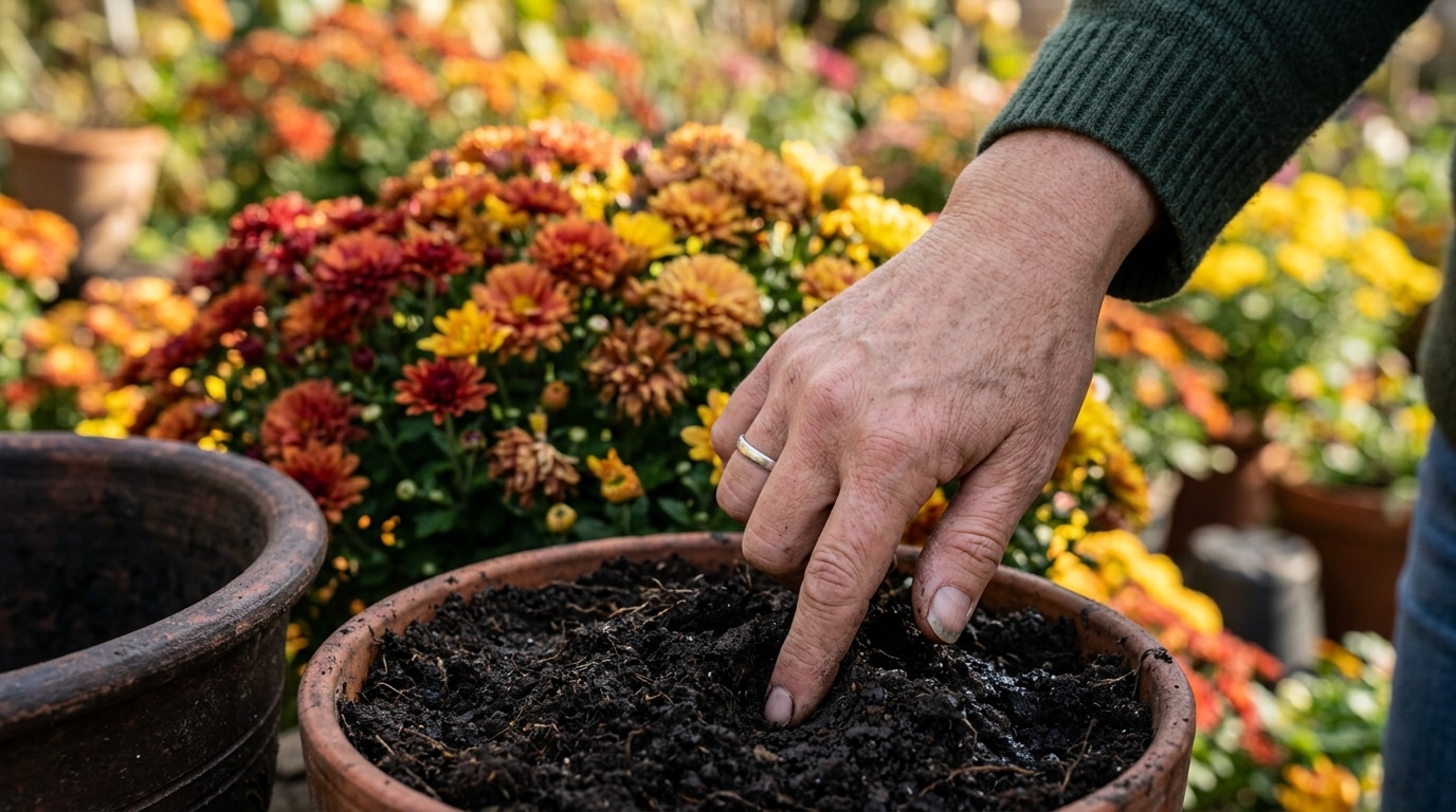 Doigt testant l'humidité de la terre d'un chrysanthème