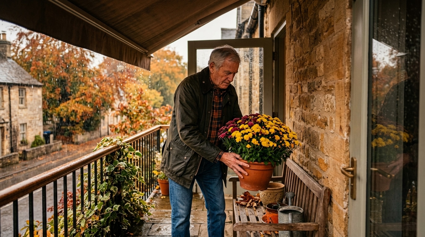 Homme abritant un chrysanthème sous l'auvent d'un balcon