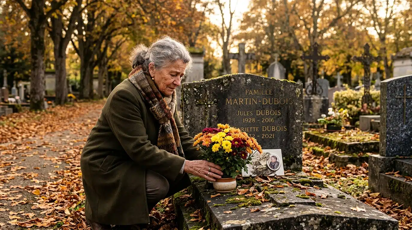 Femme âgée dépose des chrysanthèmes sur une tombe