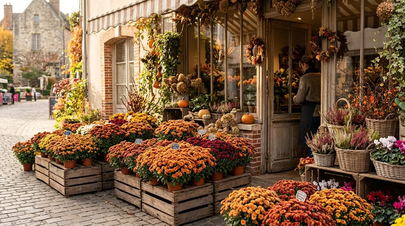 Étal de fleuriste rempli de chrysanthèmes d'automne