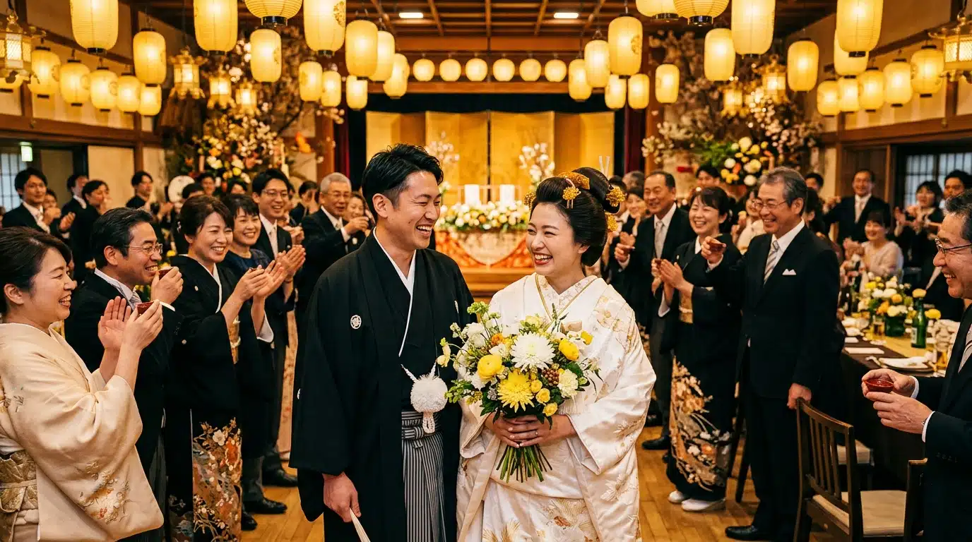 Mariage japonais avec bouquet de chrysanthèmes blancs