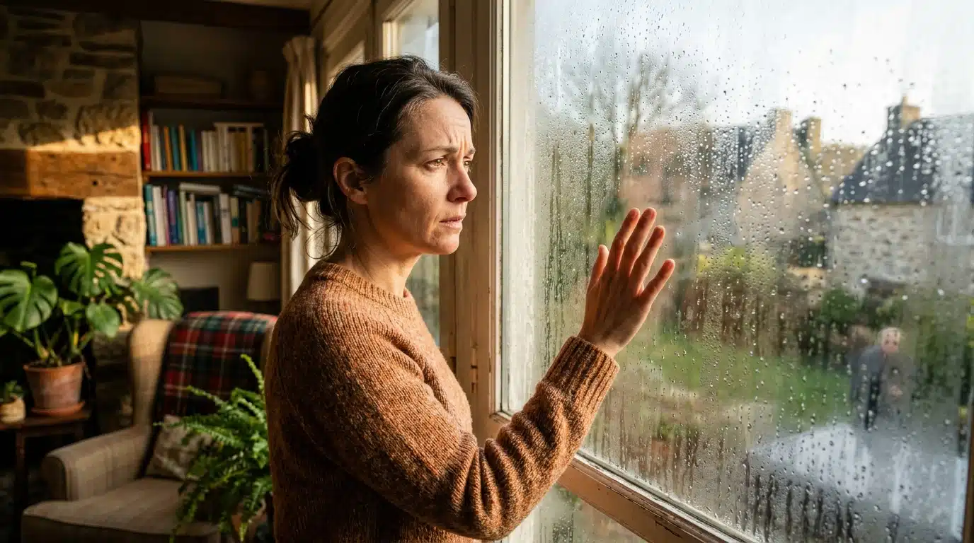 Femme touchant une fenêtre couverte de condensation